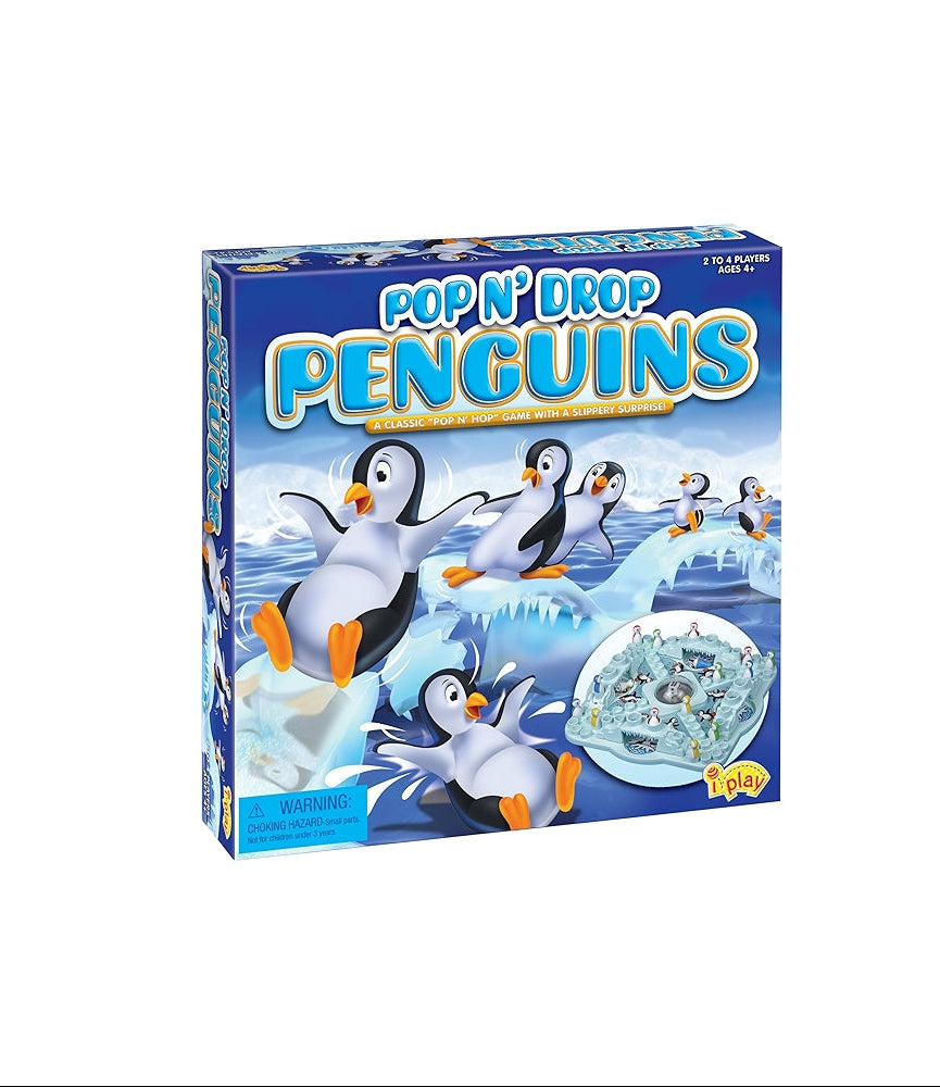 Box of 'Pop N' Drop Penguins' game on a white background
